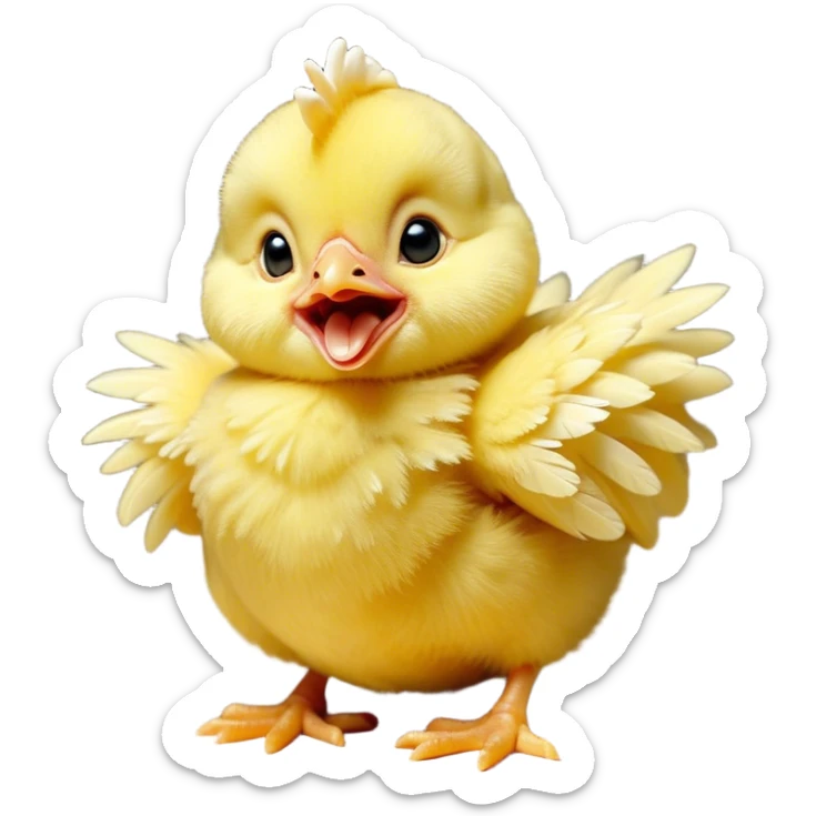 Cinematic Cute Yawning Yellow Baby Chicken Portrait Emoji, Head tilted slightly with a dramatic, wide-open yawn, showcasing a soft, downy yellow coat with little drooping wings, round beady eyes barely open in drowsy contentment, Simplified yet irresistibly adorable features, highly detailed, glowing with a soft, cozy glow, high shine, relaxed yet expressive, stylized with a touch of whimsical charm, bright and endearing, soft glowing outline, capturing the essence of a sleepy yet affectionate chick, so drowsy it feels like it could stretch out of the screen and curl up for a nap! sticker