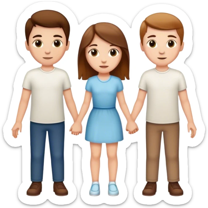 A white girl and two white boys holding hands all with brown hair sticker