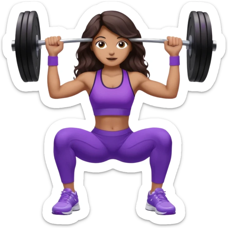 mujer de tez trigueña, con cabello castaño oscuro ondulado no muy marcado, hasta la cadera super largo estilizado, con ropa deportiva morada/lila, tenis blancos deportivos y levantando una pesa sticker