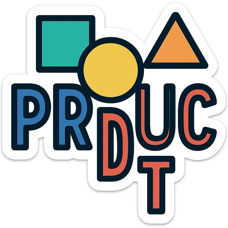 the word PRODUCT in blue and red, with geometric shapes, contemporary icon style sticker