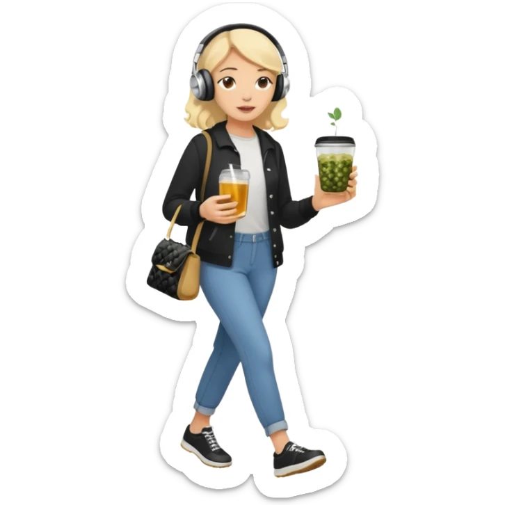 a young woman full length walks with headphones on with a caviar sandwich in one hand and herbal tea in the other hand sticker