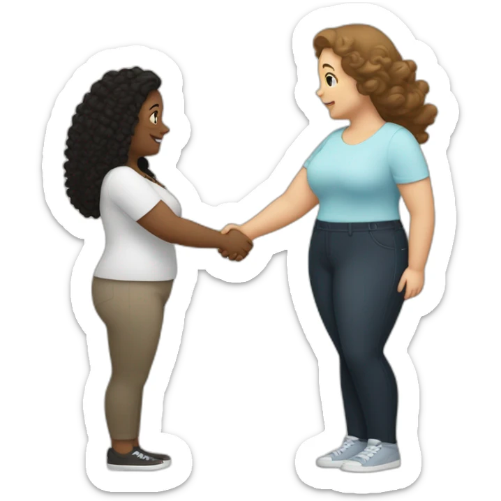 tan chubby woman with black curly hair shakes hands with a chubby pale woman who has straight light brown hair sticker