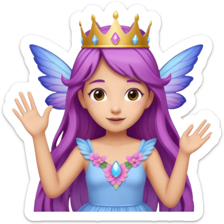 Tan female fairy, long  purple hair, crown of flowers on head,  pastel pink blue and purple wings, wearing a, pastel pink dress, Waving with one hand sticker