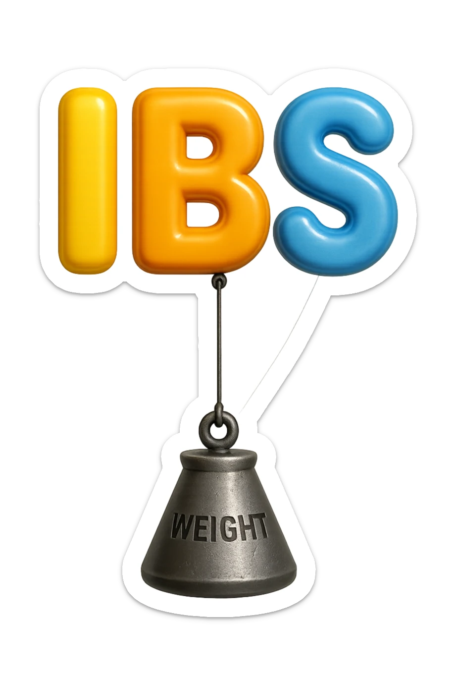 emoji stile iphone della parola "IBS" sospesa in aria con zavorra attaccata sotto che la fa cadere per il peso, iperrealistico 4k sticker