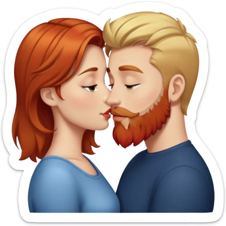 Girl with short brown hair kissing man with blonde hair and red beard. sticker