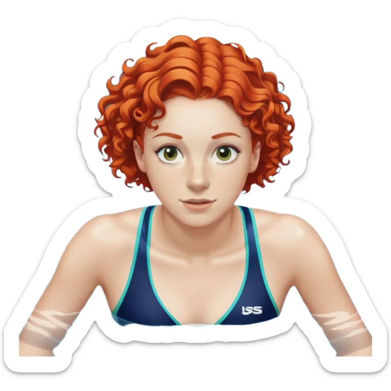22-year-old white female athlete swimmer with curly red hair about to enter a pool sticker