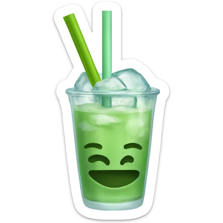 Clear glass cup about 12 ounce filled up with ice and Matcha, which is green and has a cute glass straw sticker