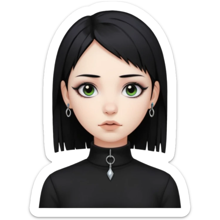 goth girl, straight black hair, verticals labret piercing, black mock neck shirt sticker