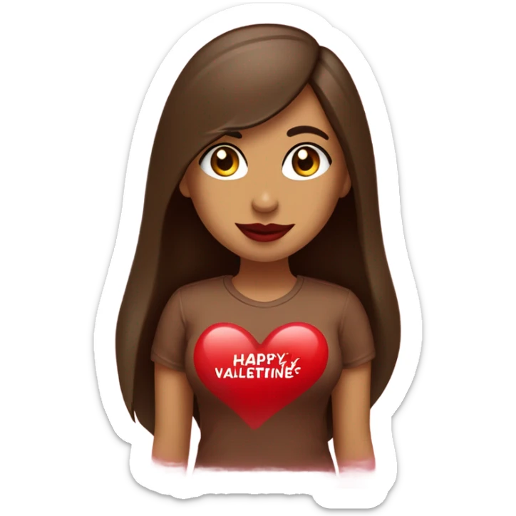 light brown lady, dark brown long straight hair, red lips, eyelashes, wearing red “happy Valentine’s Day” t shirt sticker