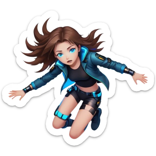 Neon cyberpunk style 
girl with brown hair and blue eyes 
falls sticker