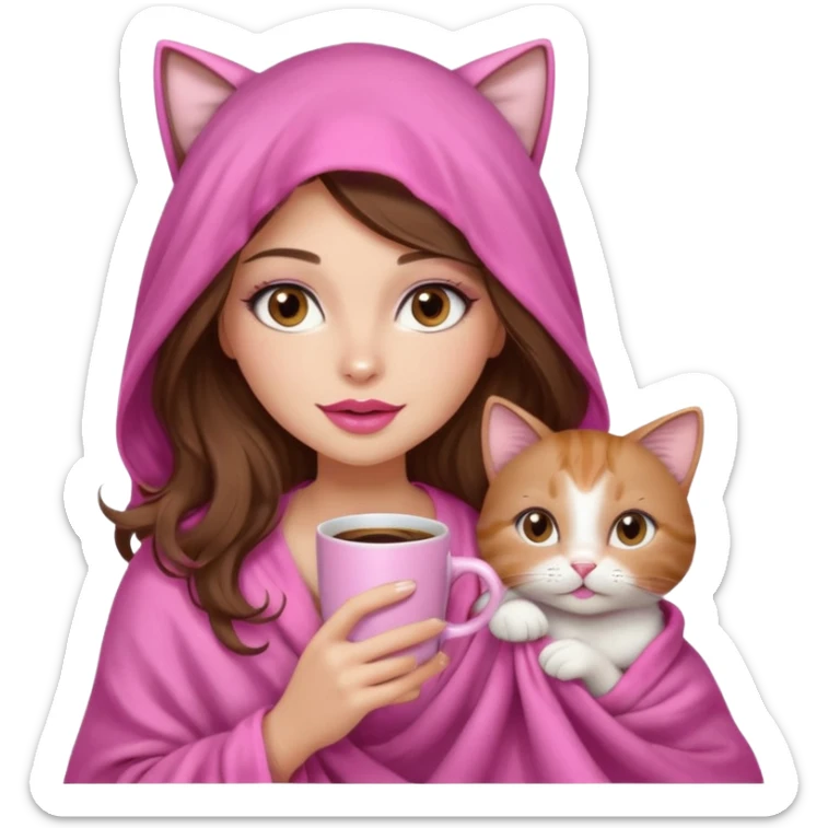 girl with long wavy brown hair, brown eyes, long lashes makeup, sexy pink lips, light to medium complexion, wearing a pink sexy silk top, big blanket over the head cozy holding a cat,  drinking coffee sticker
