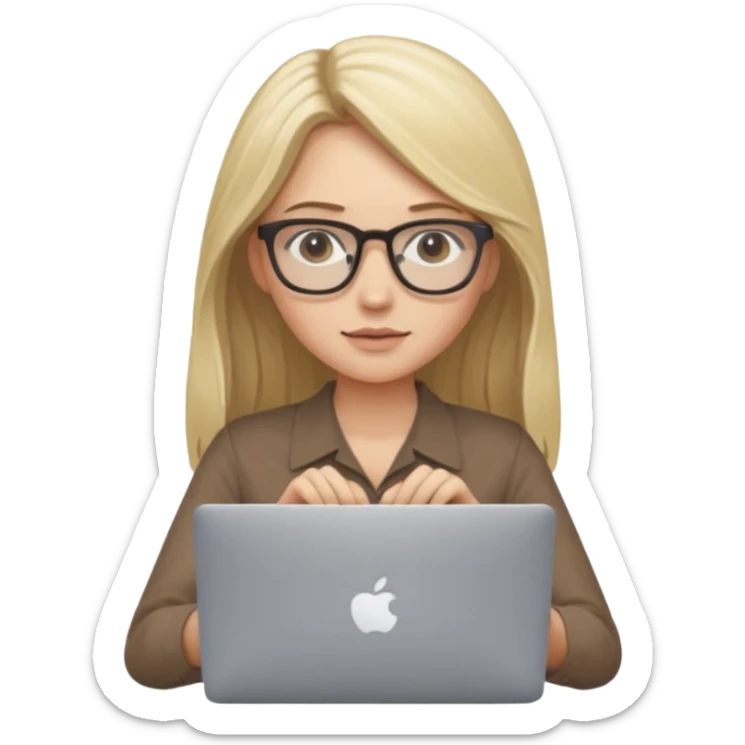 Girl in glasses, blonde long hair, sitting with MacBook , brown blouse, typing on gray MacBook sticker