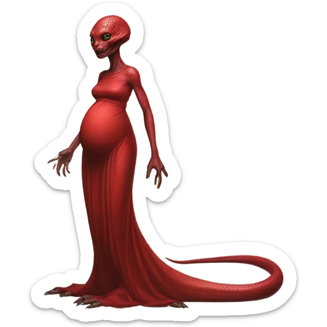 Pregnant Reptilian alien woman, full body in red dress sticker