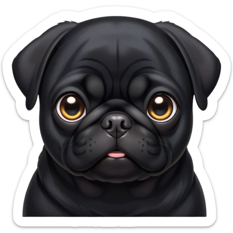 Cinematic Noble Black Pug Portrait Emoji, Poised and regal, with a compact, sturdy build and a sleek, shiny pure black coat, deep-set soulful dark eyes, Simplified yet sharp and sophisticated features, highly detailed, glowing with a soft, dignified glow, high shine, intelligent and spirited, stylized with an air of confidence, focused and attentive, soft glowing outline, capturing the essence of a watchful and commanding companion, so majestic it feels as though it could prance out of the screen with effortless authority! sticker