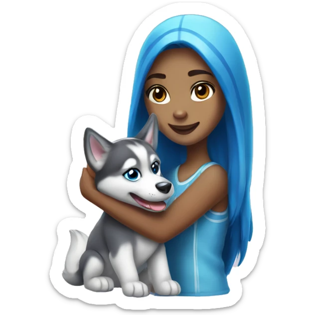 A husky girl with blue eyes holds a dolphin toy in her paw sticker