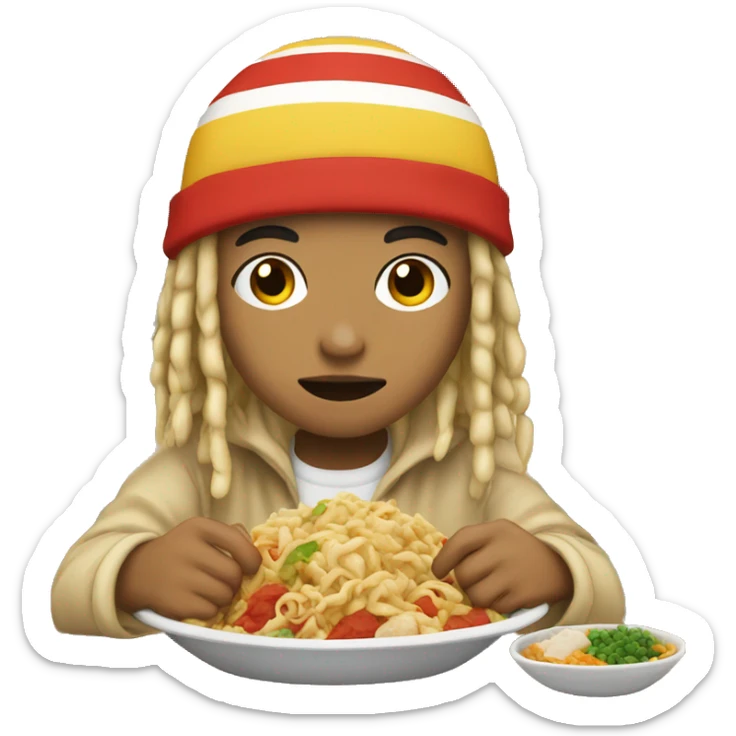 Lightskin with beanie and blonde dreads, eating Asian food sticker