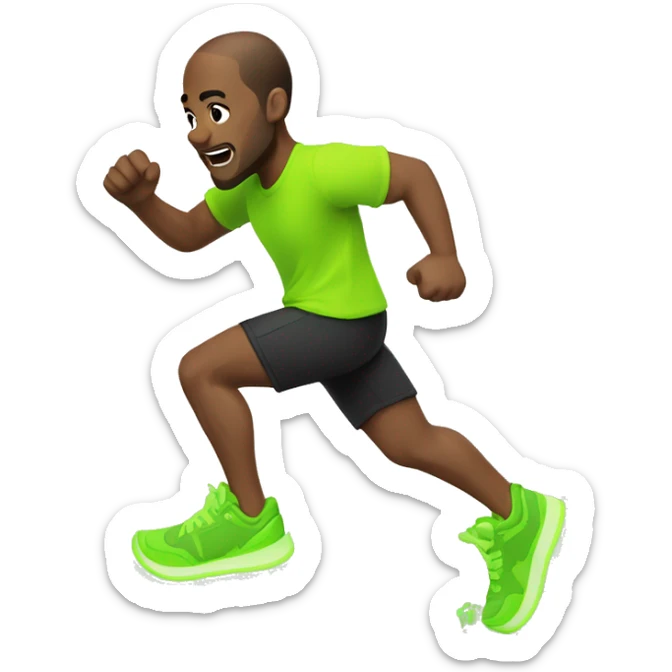Running white skin man, brown hair, balck t shirt and shorts. Neon green shoes sticker
