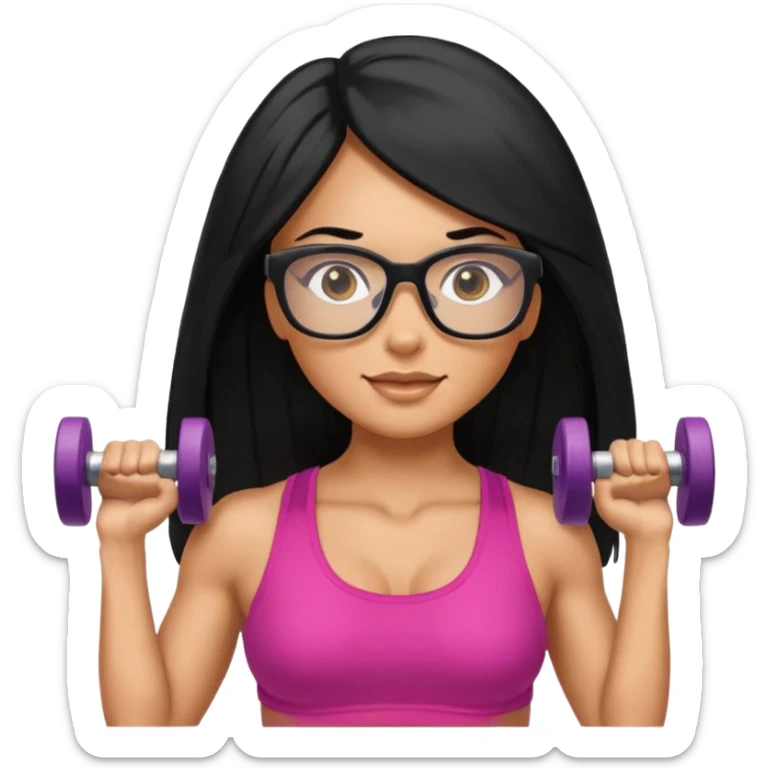 Mujer fitness usando mancuernas con lentes de marco delgado y cabello largo negro sticker