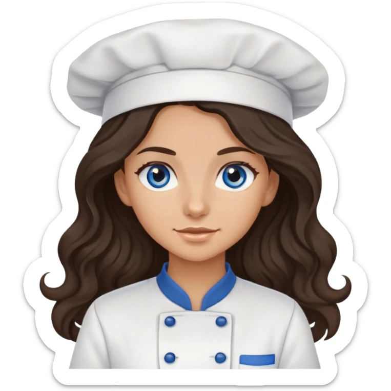 A girl with long, dark brown, wavy hair, grey-blue eyes. He cooks in the clothes of a cook sticker