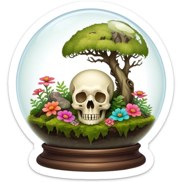 Mystical woodland glass-dome-terrarium-globe with moss and an animal-cadaver-skull and flowers inside  sticker