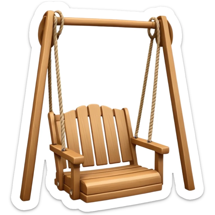 iOS-style 3D emoji: a wooden swing hanging from two ropes, suspended in mid-air, with soft shadows and glossy highlights sticker