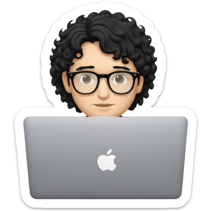 guy with wavy kinda curly black hair and light-to-medium skin tone and glasses, with a macbook sticker