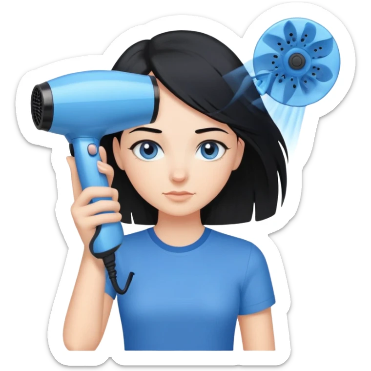 a girl with black hair, blue eyes in a blue shirt and with a hair dryer in her hands sticker