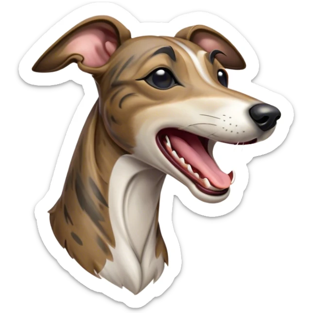 Cinematic Cute Yawning Brindle Greyhound Portrait Emoji, Head tilted slightly with a dramatic, wide-open yawn, showcasing a smooth brindle Fur with a refined pattern, floppy ears slightly drooping, round eyes barely open in drowsy contentment, Simplified yet irresistibly adorable features, highly detailed, glowing with a soft, cozy glow, high shine, relaxed yet expressive, stylized with a touch of whimsy, bright and endearing, soft glowing outline, capturing the essence of a sleepy yet affectionate racer, so drowsy it feels like it could stretch out of the screen and curl up for a nap! sticker