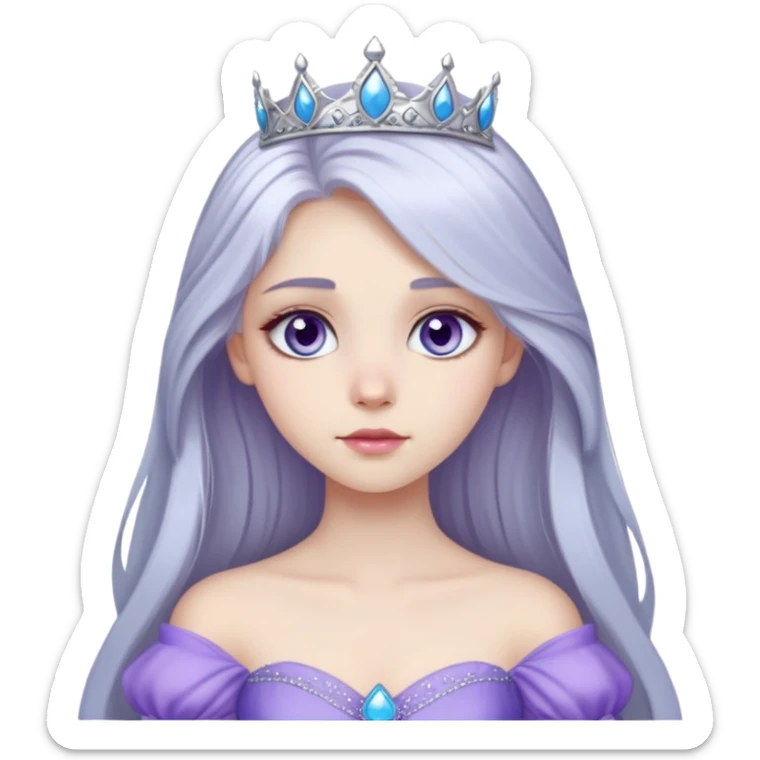 long haired girl with silver hair color and pale skin, she has a sky blue eye color and she's wearing a purple princess gown sticker