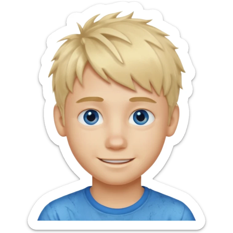 A blonde boy with blue eyes and a messy textured fringe hairstyle with no side part and he’s smiling sticker