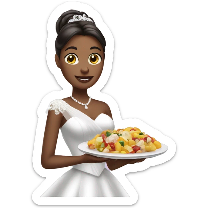 a woman on wedding dress holding a plate of food sticker