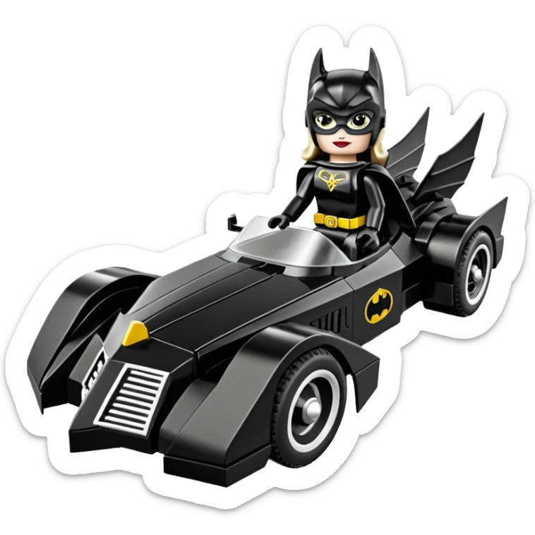  Detailed aerodynamic opulent dark knight futuristic concept Catwoman Batgirlmobile loosely based on 1977 Buick coupe  roadster racing Lego (flat long straight faceted mechanical body) winged stealthy street hot rod  sticker