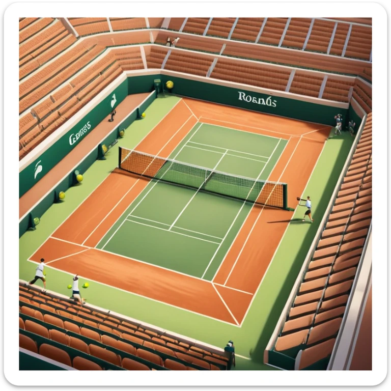 A tennis court at the Roland Garros tournament, with the iconic clay surface and a tennis ball bouncing near the net. The scene evokes the energy and excitement of the grand event, with vibrant crowds in the stands and a competitive atmosphere. sticker