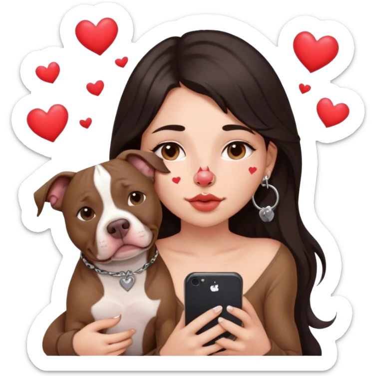 Young girl, with long dark hair, kind of chop you around her face holds her phone sitting by her pitbull. She has a small septum ring in her nose and heart fly all around her. sticker