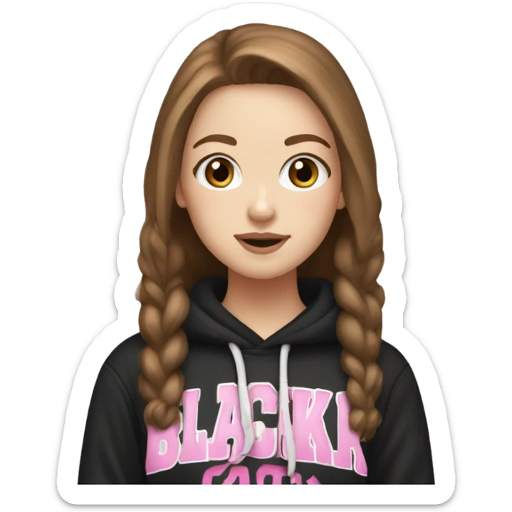 white girl, brown hair wearing blackpink hoodie sticker