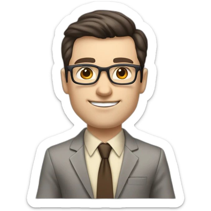 Pale skinned fit man with dark brown hair in gray jacket, beige office shirt, brown tie, brown pants and vintage glasses Writing on the marker board sticker