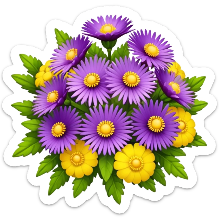 Bouquet of purple Callius, with separate tiny, yellow circular flowers interspersed in between the beautiful bouquet sticker