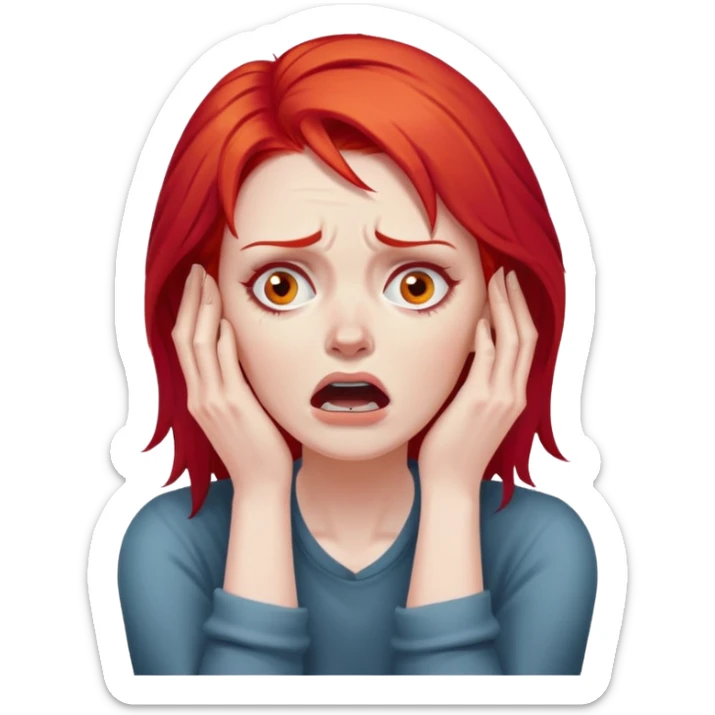of a white woman with bright red hair, visibly distressed and clutching her neck with both hands, her face conveying a strong sense of panic and fear sticker