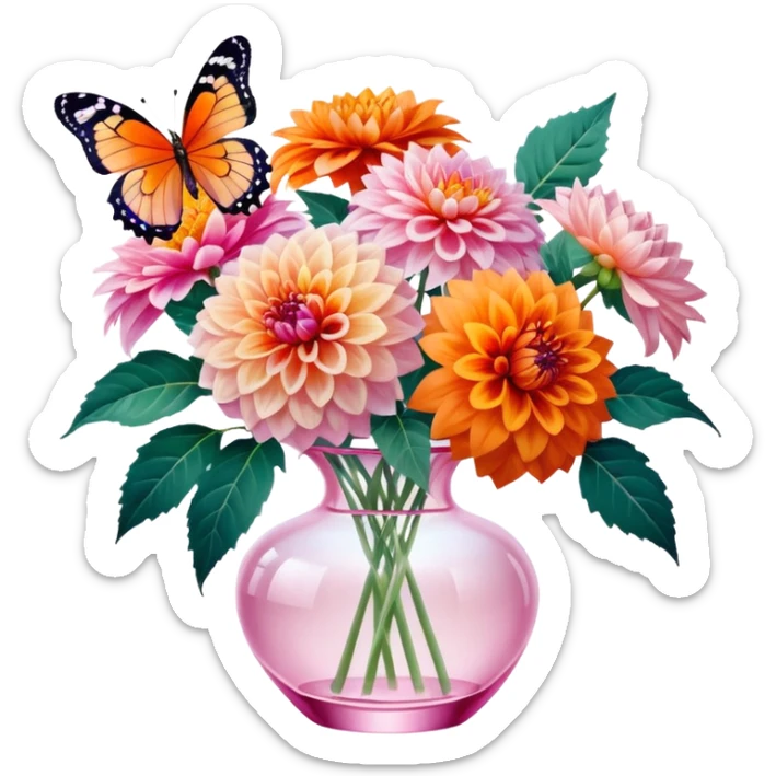 4k quailty, 8000x8000px resolution, hyperrealism, ultra detailed, very full lush Dahlias in bright and vivid colors with blooming petals, in a crystal translucent pale pastel pink vase, with silk ribbon around vase. Orange butterfly resting on flower. Still life, masterpiece  sticker