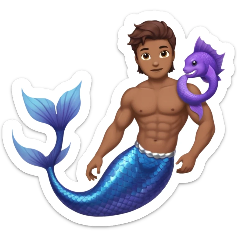 merman with brown hair brown eyes and medium to dark skin tone with a blueish purple tail sticker