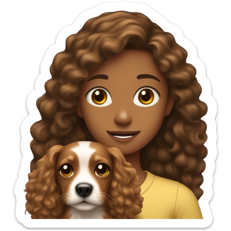 curly long hair girl with brown eyes and brown hair with yorkshire mixed pincher dog sticker