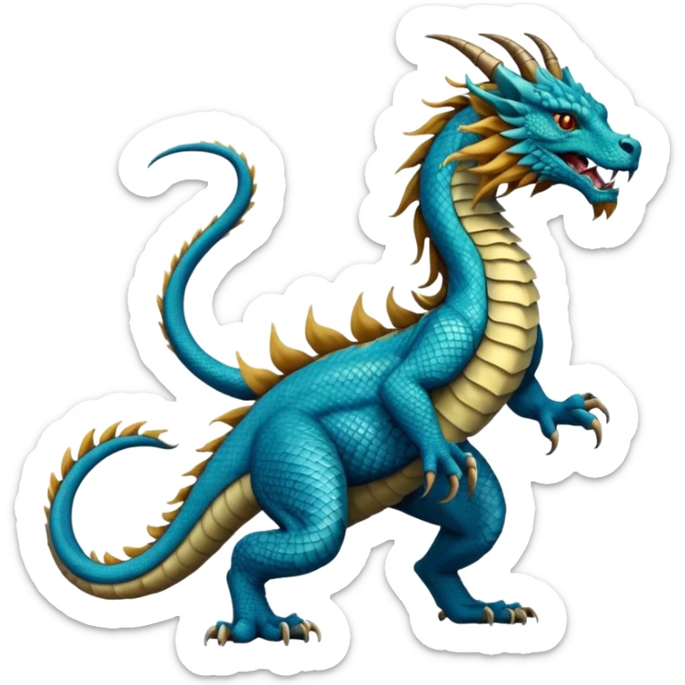 Mušḫuššu, official blueprint: long scaled dragon-serpent body, lion forelegs with feline paws, bird-like hind legs with talons, long neck, dragon head with horn or crest, lizard tail, blue or turquoise, lion-like mane, ancient and regal but terrifying sticker
