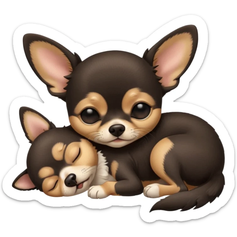 A high-resolution photo-realistic digital illustration of a cute black and tan chihuahua with eyes closed shut sleeping lazily on the ground sticker