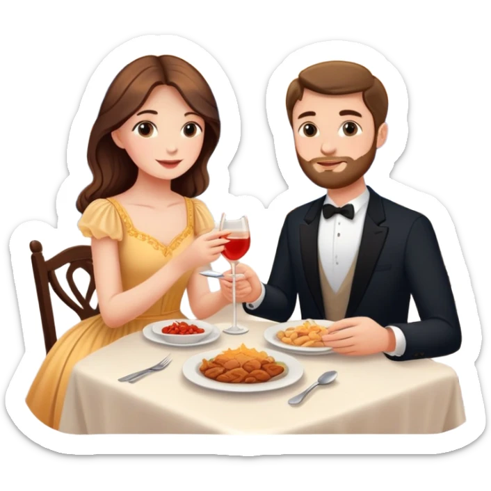 Elegant girl with a beautiful flowy dress and man eating dinner together in Montenegro sunset holding hands  sticker