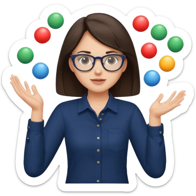 a brunette girl in a navy shirt wearing glasses is  juggling  with two hands  sticker