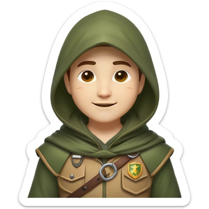 Clash of Clans aesthetic Cheerful Ranger Portrait Emoji, With a bright, confident expression and an alert, relaxed stance, showcasing a streamlined, rugged build in natural tones with a hood and cloak blending with the forest, his face in natural skin tone, Simplified yet expressive features, highly detailed, glowing with a soft, luminous woodland radiance, high shine, upbeat and brave, stylized with an air of classic forest heroism, soft glowing outline, capturing the essence of a cheerful ranger ready to embark on epic woodland quests! sticker
