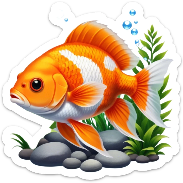 Large aquarium fish like veil tails and lionhead goldfish swimming gracefully in a beautifully decorated aquarium. Colorful aquatic plants, smooth rocks, and gentle bubbles surround the fish. The water shimmers in sunlight, creating a peaceful and vibrant underwater scene. Transparent background. sticker