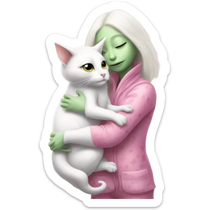 Reptilian alien woman meditation pink pajamas, hugs a white cat sticker