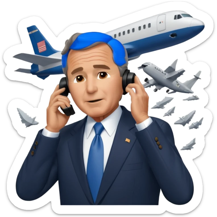  emoji of the world trade center with a plane crashed into it and george bush on a phone in front of them sticker