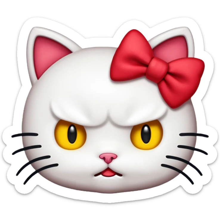 An iOS-style emoji of Hello Kitty feeling angry, with her signature red bow, white cat face, no mouth, black eyes, and yellow nose. Maintain the original Hello Kitty character design. Transparent background.  sticker